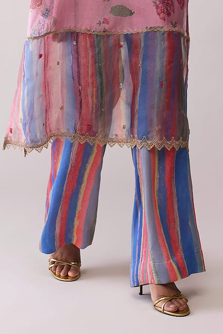 Shop_Bunka_Pink Organza Lace Round Neck Tara Printed Kurta With Pant _Online_at_Aza_Fashions