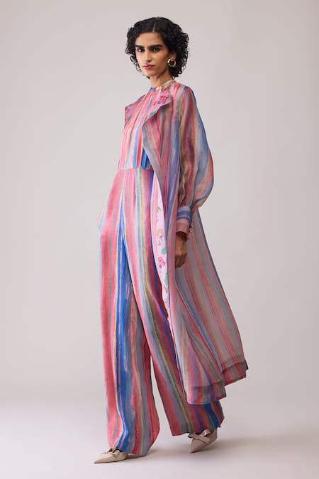 Bunka_Pink Organza Embroidery High Neck Zainab Jacket _Online_at_Aza_Fashions