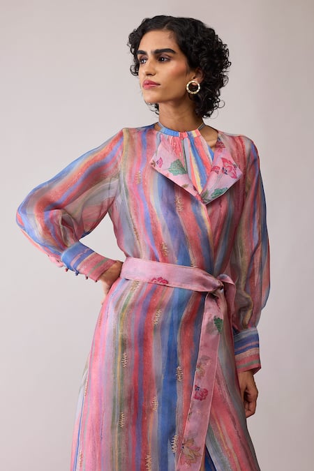 Bunka_Pink Organza Embroidery High Neck Zainab Jacket _at_Aza_Fashions