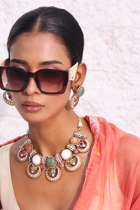 Zaza By Somya Gold Plated Gemstones Rajmahal Necklace Set 