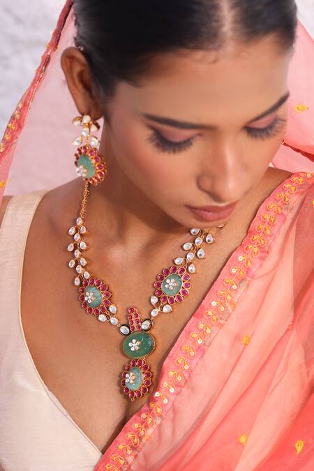 Zaza By Somya_Gemstones, Rhinestones Rajputana Rani Necklace Set _Online_at_Aza_Fashions