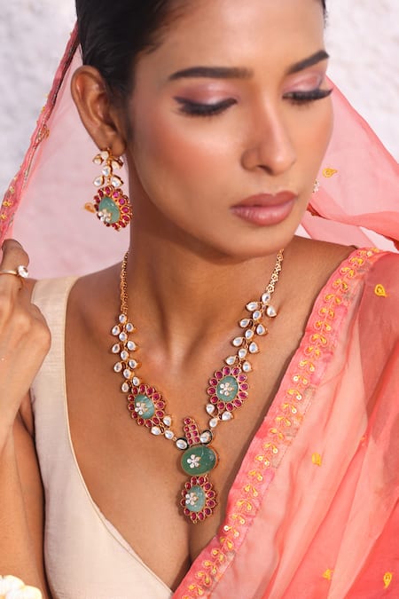 Buy_Zaza By Somya_Gemstones, Rhinestones Rajputana Rani Necklace Set _Online_at_Aza_Fashions
