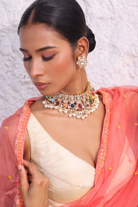 Zaza By Somya_Mauve Gemstones, Pearls Rajmahal Choker Set _Online_at_Aza_Fashions