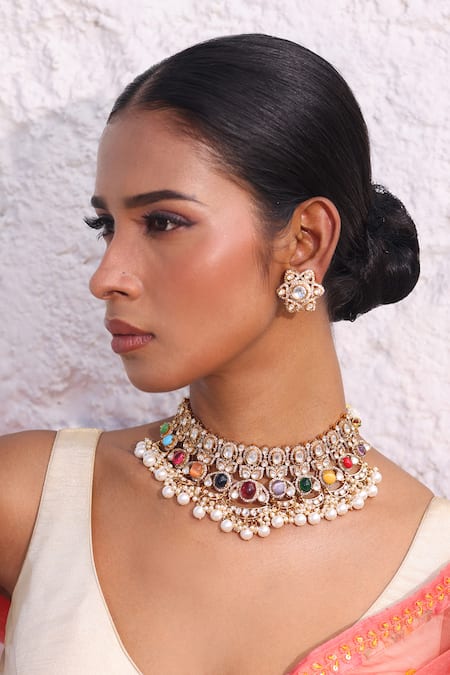 Buy_Zaza By Somya_Mauve Gemstones, Pearls Rajmahal Choker Set _Online_at_Aza_Fashions