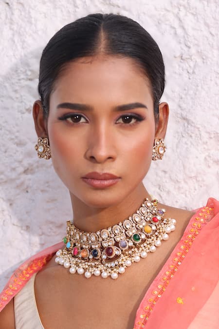 Shop_Zaza By Somya_Mauve Gemstones, Pearls Rajmahal Choker Set _Online_at_Aza_Fashions