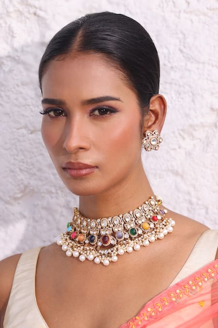 Zaza By Somya_Mauve Gemstones, Pearls Rajmahal Choker Set _at_Aza_Fashions