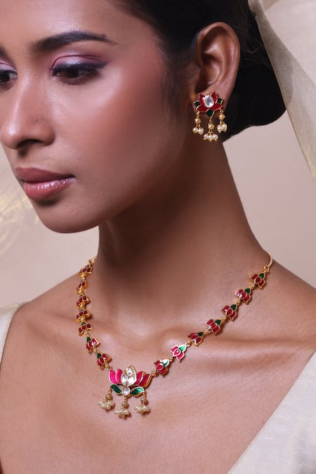 Zaza By Somya_Red Stones Lotus Bloom Necklace Set _Online_at_Aza_Fashions