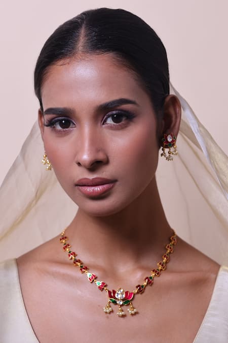 Shop_Zaza By Somya_Red Stones Lotus Bloom Necklace Set _Online_at_Aza_Fashions