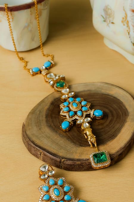 Zaza By Somya_Blue Imitation Gemstones Rajwada Regal Necklace Set _Online_at_Aza_Fashions