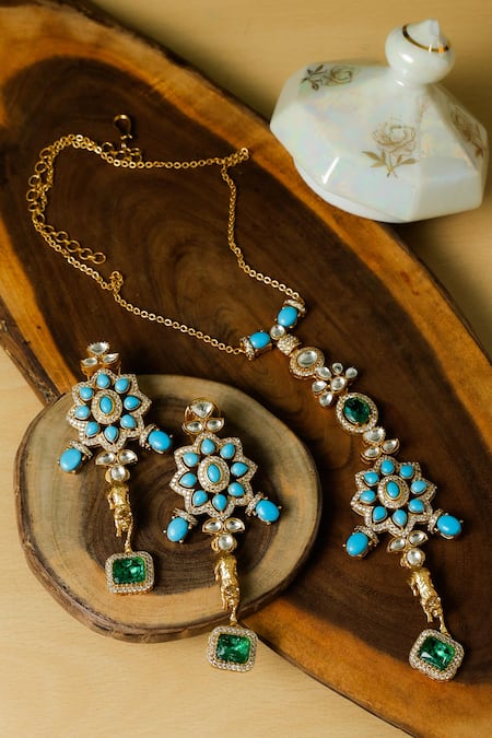 Shop_Zaza By Somya_Blue Imitation Gemstones Rajwada Regal Necklace Set _Online_at_Aza_Fashions