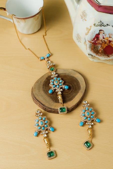 Zaza By Somya Blue Gemstones Rajwada Regal Necklace Set 