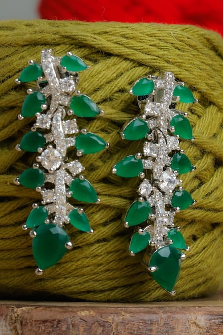 Zaza By Somya_Green Rhinestones Roohani Earrings _Online_at_Aza_Fashions