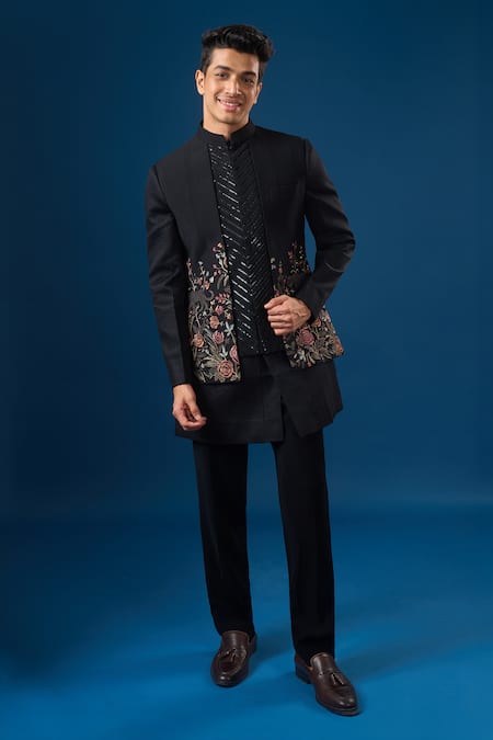 Buy_Rng Safawala_Black Cotton, Silk Embroidery, Sequins Coal Fauna Kurta-bundi Set _Online_at_Aza_Fashions