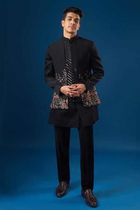 Rng Safawala Black Cotton, Silk Embroidery, Sequins Coal Fauna Kurta-bundi Set 