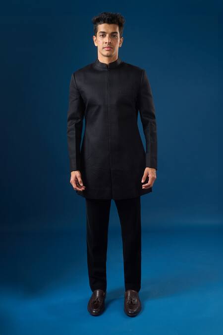 Buy_Rng Safawala_Black Cotton, Silk Embroidery, Sequins Coal Fauna Kurta-bundi Set 