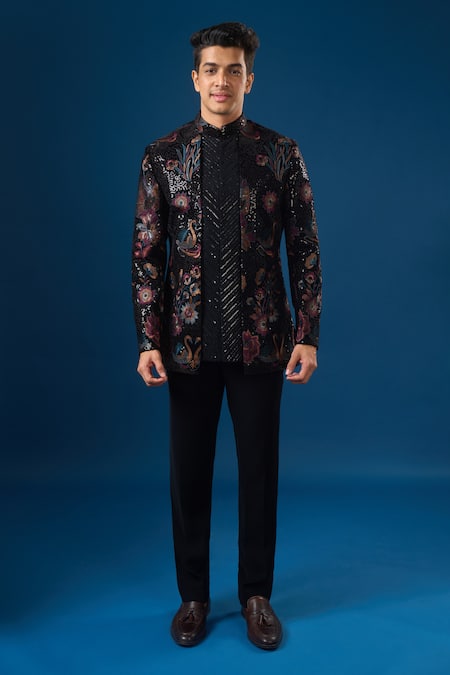 Buy_Rng Safawala_Black Velvet Sequins, Embroidery Coal Velour Bandhgala Set _Online_at_Aza_Fashions