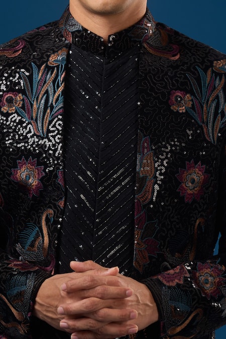 Shop_Rng Safawala_Black Velvet Sequins, Embroidery Coal Velour Bandhgala Set _Online_at_Aza_Fashions