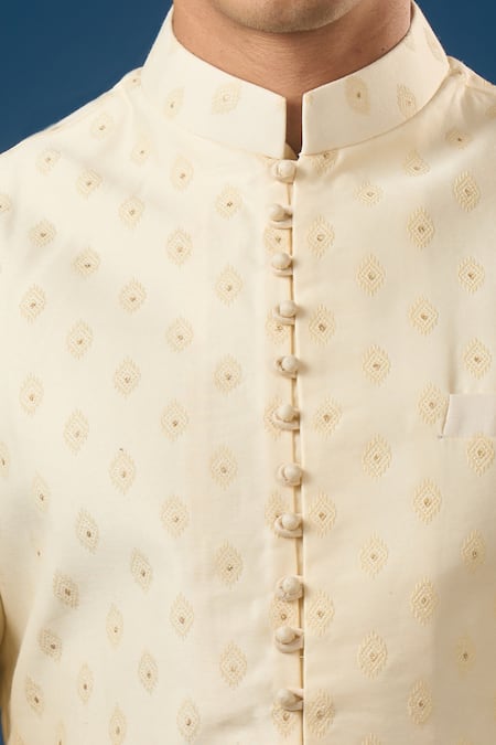 Rng Safawala Cream Cotton, Silk, Dupion Embroidery Brocade Kurta-bundi Set Online at Aza Fashions Rng Safawala_Cream Cotton, Silk, Dupion Embroidery Brocade Kurta-bundi Set _Online_at_Aza_Fashions