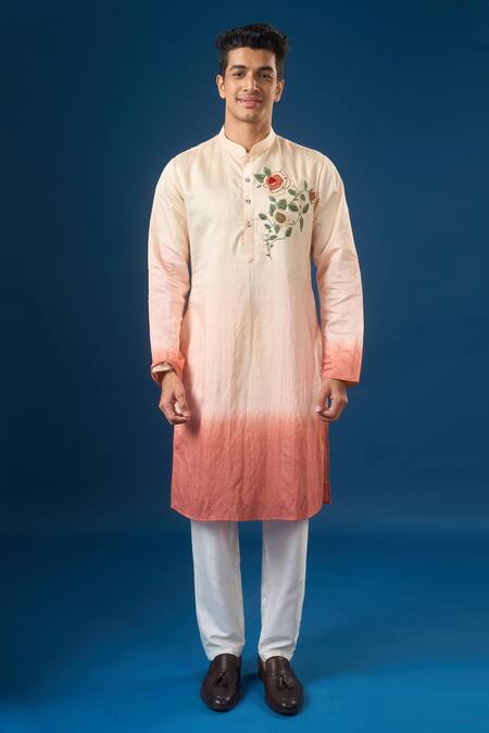 Shop_Rng Safawala_Peach Cotton Embroidery Pink Ombre Kurta Set _Online_at_Aza_Fashions