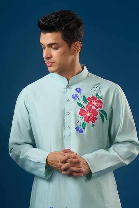 Buy_Rng Safawala_Blue Cotton, Silk Embroidery Sky Floral Printed Kurta Set _Online_at_Aza_Fashions