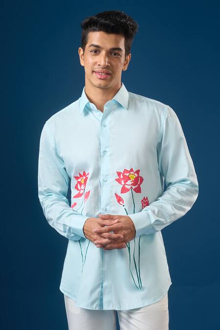 Shop_Rng Safawala_Blue Crepe, Silk Embroidery Sky Floral Shirt _Online_at_Aza_Fashions