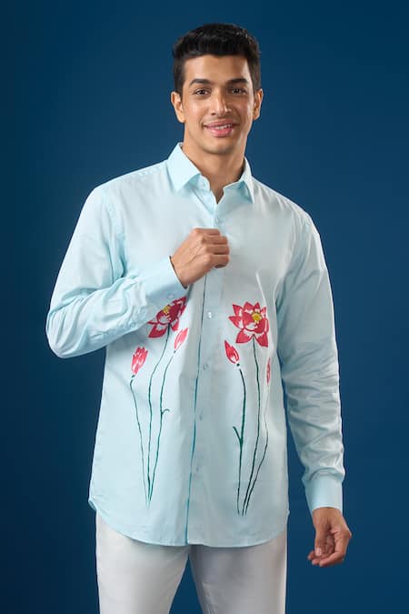 Rng Safawala_Blue Crepe, Silk Embroidery Sky Floral Shirt _at_Aza_Fashions