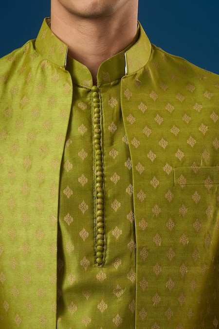 Shop Rng Safawala Green Brocade, Silk Olive Kurta-bundi Set Online at Aza Fashions Shop_Rng Safawala_Green Brocade, Silk Olive Kurta-bundi Set _Online_at_Aza_Fashions