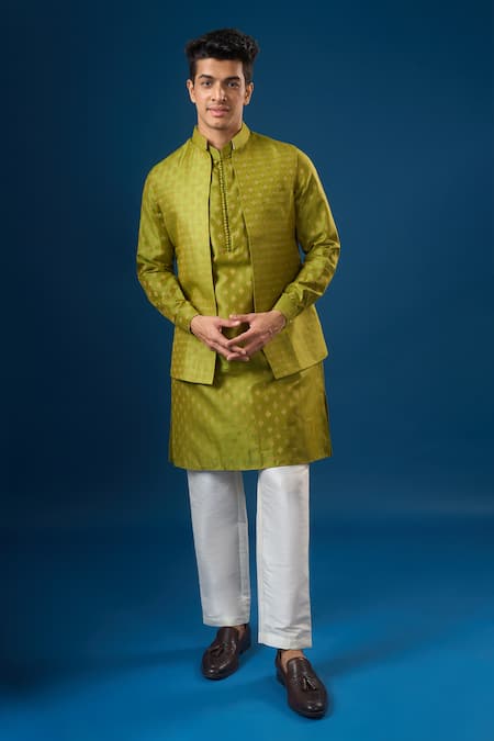 Rng Safawala Green Brocade, Silk Olive Kurta-bundi Set