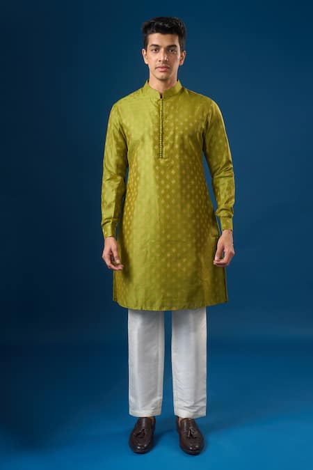 Rng Safawala Green Brocade, Silk Olive Kurta-bundi Set at Aza Fashions Rng Safawala_Green Brocade, Silk Olive Kurta-bundi Set _at_Aza_Fashions