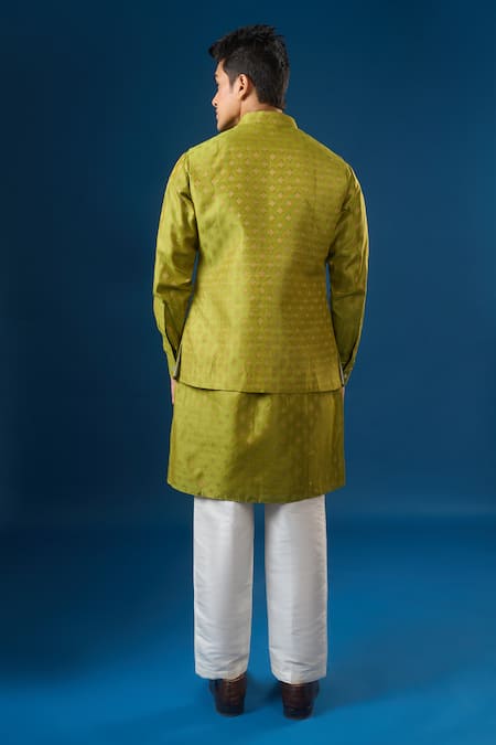 Rng Safawala Olive Green Brocade Kurta-Bundi Set 