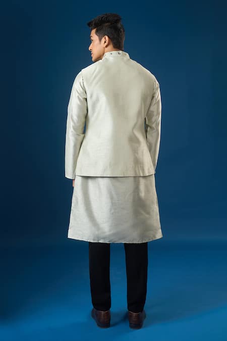 Rng Safawala_Green Silk, Dupion Mirrors, Embroidery Sage Kurta-bundi Set _Online_at_Aza_Fashions