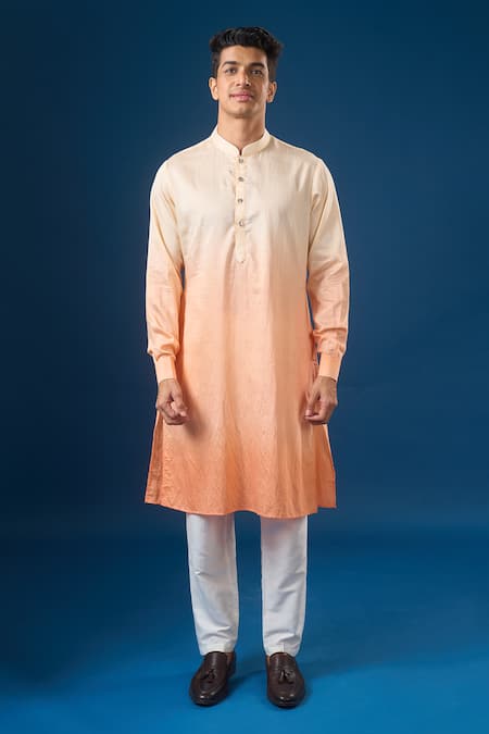 Buy_Rng Safawala_Peach Cotton, Silk, Shantoon Embroidery Ombre Kurta-bundi Set _Online_at_Aza_Fashions