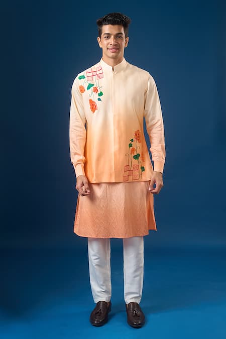 Shop_Rng Safawala_Peach Cotton, Silk, Shantoon Embroidery Ombre Kurta-bundi Set _Online_at_Aza_Fashions