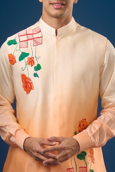Buy_Rng Safawala_Peach Cotton, Silk, Shantoon Embroidery Ombre Kurta-bundi Set 