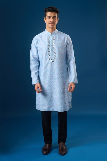 Buy_Rng Safawala_Blue Cotton, Silk, Dupion Mirrors, Embroidery Sky Kurta Set _Online_at_Aza_Fashions