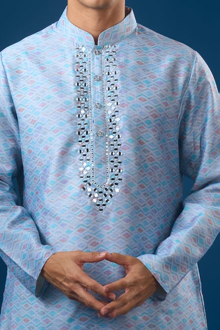 Rng Safawala_Blue Cotton, Silk, Dupion Mirrors, Embroidery Sky Kurta Set _at_Aza_Fashions