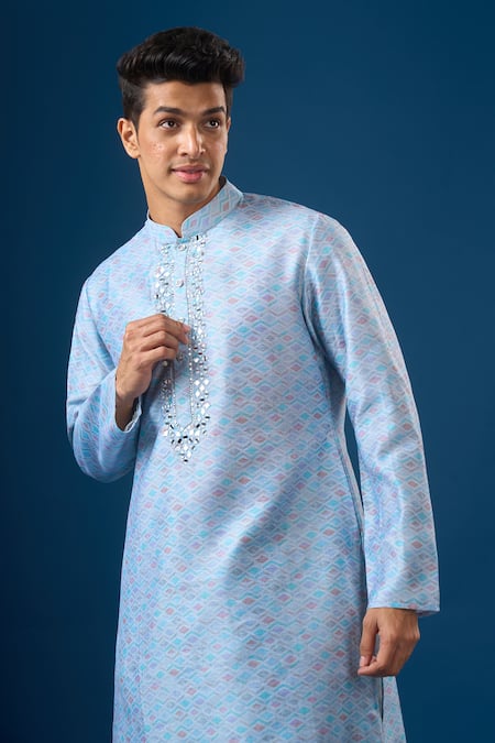 Buy_Rng Safawala_Blue Cotton, Silk, Dupion Mirrors, Embroidery Sky Kurta Set 