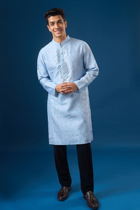 Shop_Rng Safawala_Blue Cotton, Silk, Dupion Mirrors, Embroidery Sky Kurta Set 