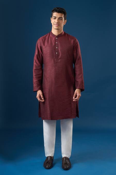 Shop_Rng Safawala_Maroon Silk, Dupion, Shantoon Embroidery, Sequins Kurta-bundi Set_Online_at_Aza_Fashions
