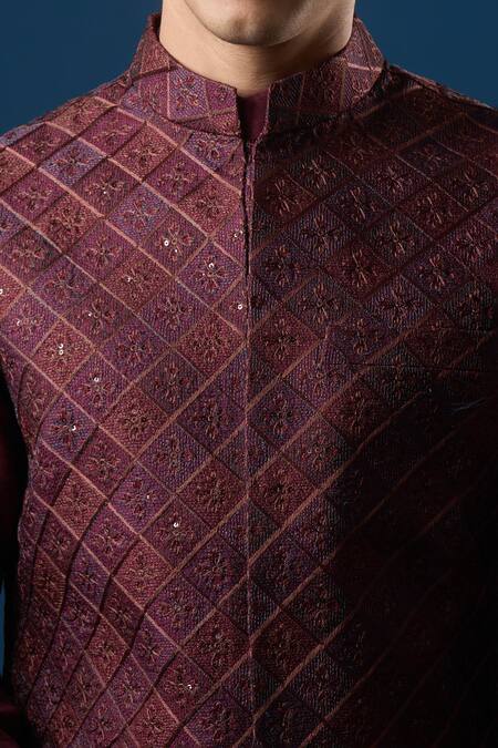 Rng Safawala_Maroon Silk, Dupion, Shantoon Embroidery, Sequins Kurta-bundi Set_at_Aza_Fashions
