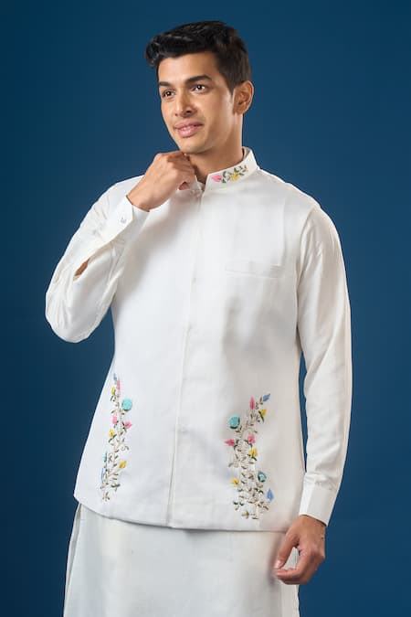 Rng Safawala_White Cotton, Silk, Dupion, Shantoon Embroidery Off Kurta-bundi Set _at_Aza_Fashions