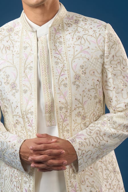 Buy_Rng Safawala_White Silk, Dupion, Shantoon Embroidery, Sequins Off Sherwani Set _Online_at_Aza_Fashions