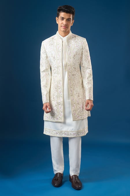 Buy_Rng Safawala_White Silk, Dupion, Shantoon Embroidery, Sequins Off Sherwani Set 