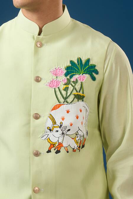 Rng Safawala_Green Cotton, Silk, Dupion Embroidery, Cut Work Pista Kurta-bundi Set _at_Aza_Fashions