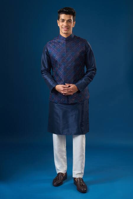 Buy_Rng Safawala_Blue Silk, Shantoon Sequins, Embroidery Royal Kurta-bundi Set_Online_at_Aza_Fashions