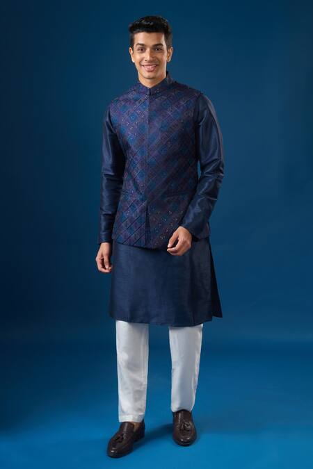 Shop_Rng Safawala_Blue Silk, Shantoon Sequins, Embroidery Royal Kurta-bundi Set_Online_at_Aza_Fashions