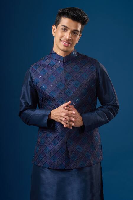 Rng Safawala_Blue Silk, Shantoon Sequins, Embroidery Royal Kurta-bundi Set_at_Aza_Fashions