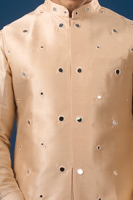 Buy_Rng Safawala_Peach Silk, Dupion Mirrors Embroidered Kurta-bundi Set _Online_at_Aza_Fashions