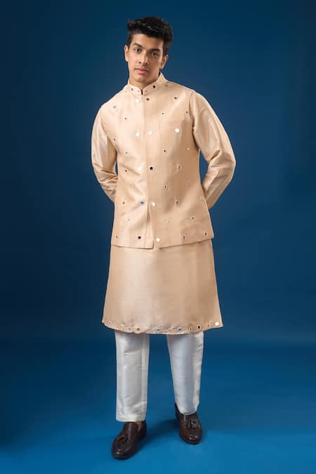 Shop_Rng Safawala_Peach Silk, Dupion Mirrors Embroidered Kurta-bundi Set _Online_at_Aza_Fashions