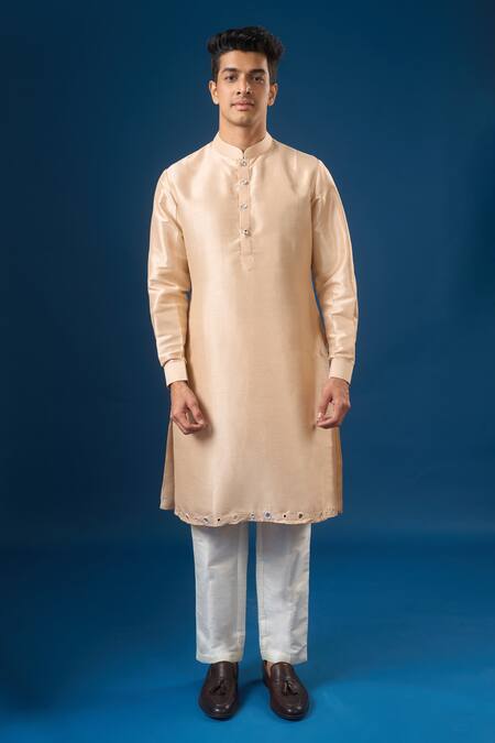 Buy_Rng Safawala_Peach Silk, Dupion Mirrors Embroidered Kurta-bundi Set 